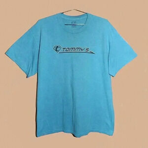 Tommy Blue Graphic Tee Distressed Short Sleeve T-Shirt - Size LX Casual Mens Top
